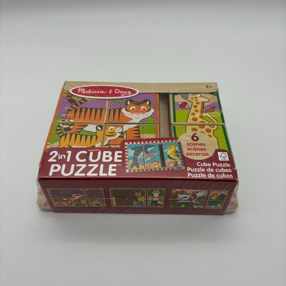 Melissa & Doug 2 In 1 Wooden Block Cube Puzzle 6 Animal Scenes Educational NEW - Picture 1 of 2